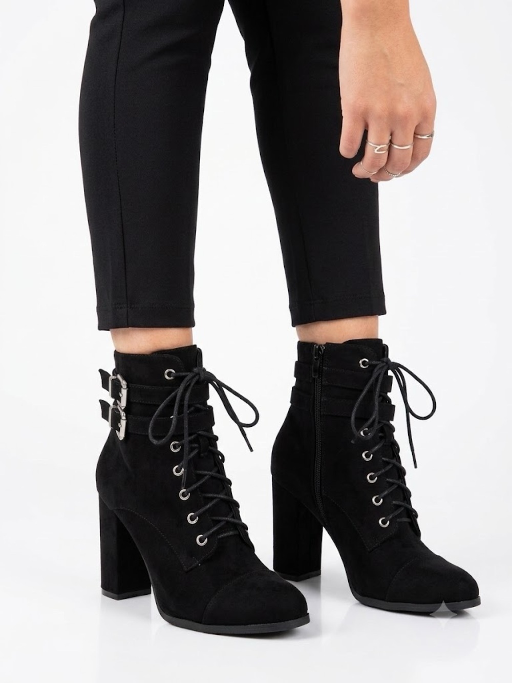 Madden Girl Klaim Black Lace-Up Combat Buckle Block Heel Ankle Boots